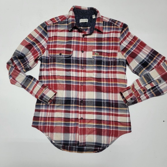 Lacoste Button Up Shacket Shirt Plaid Flannel Logo Casual Size 38 Small‎ Western - Picture 1 of 8